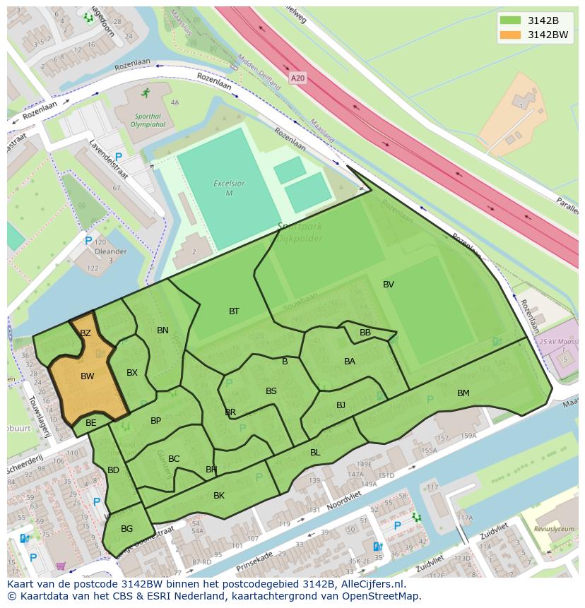 Afbeelding van het postcodegebied 3142 BW op de kaart.