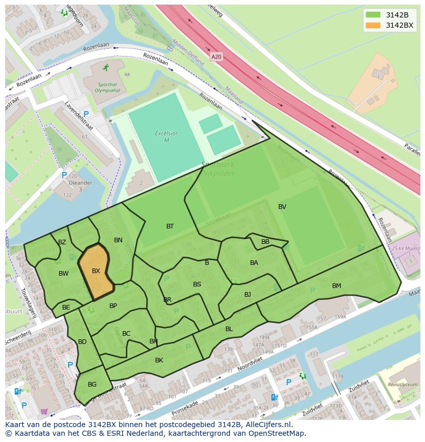 Afbeelding van het postcodegebied 3142 BX op de kaart.