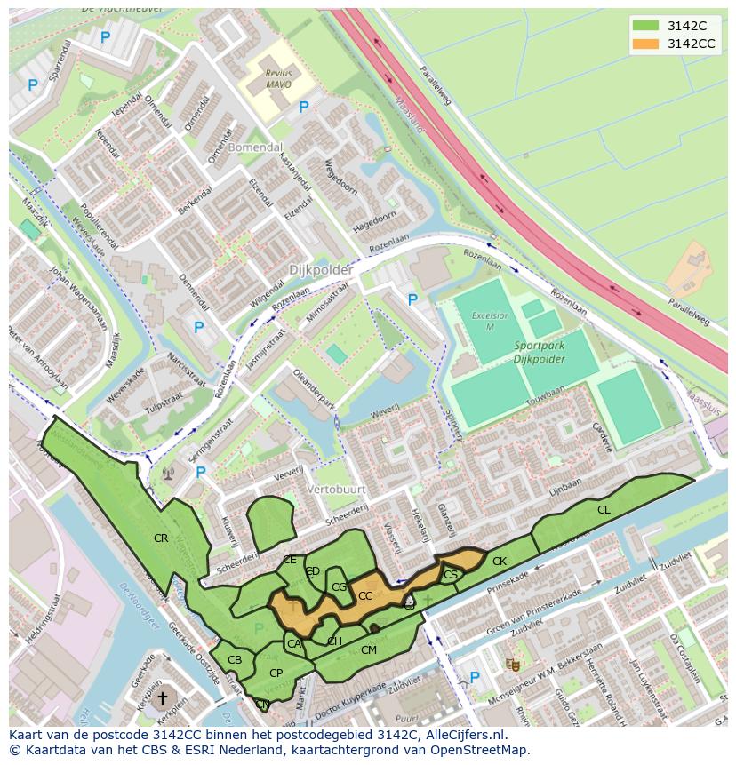 Afbeelding van het postcodegebied 3142 CC op de kaart.