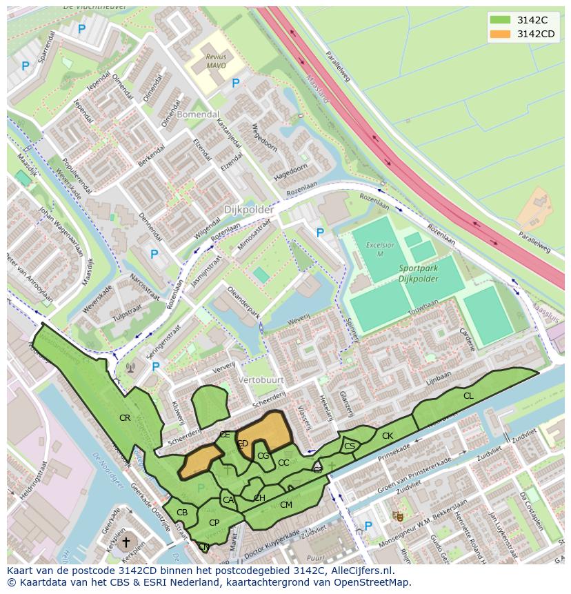 Afbeelding van het postcodegebied 3142 CD op de kaart.