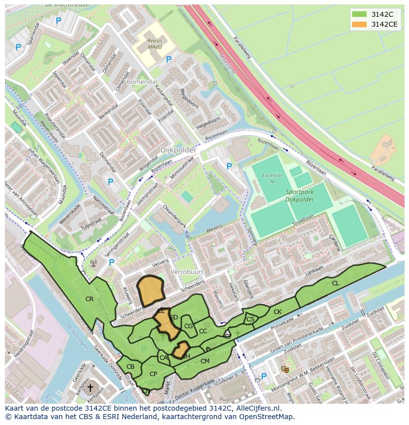 Afbeelding van het postcodegebied 3142 CE op de kaart.