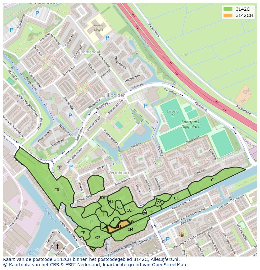 Afbeelding van het postcodegebied 3142 CH op de kaart.
