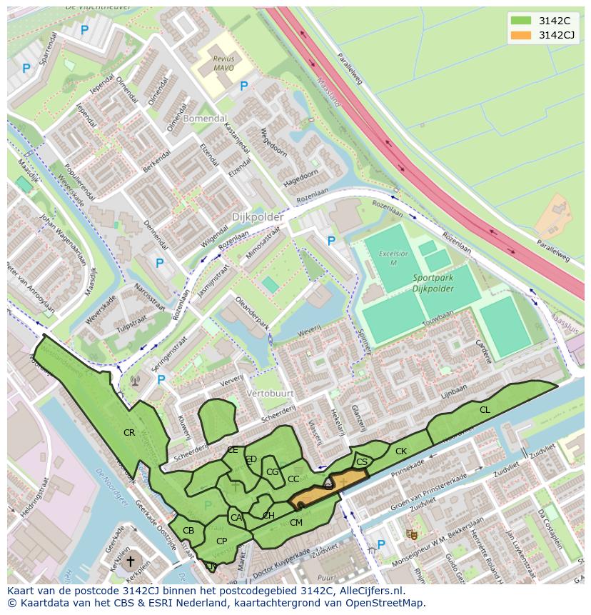 Afbeelding van het postcodegebied 3142 CJ op de kaart.