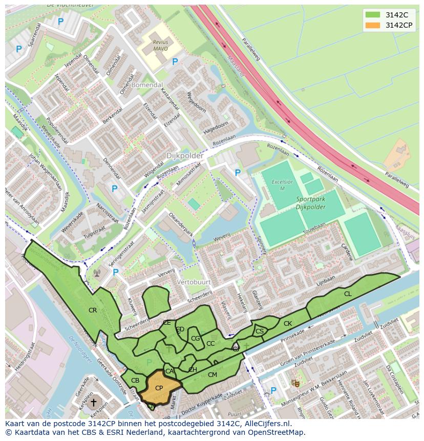 Afbeelding van het postcodegebied 3142 CP op de kaart.