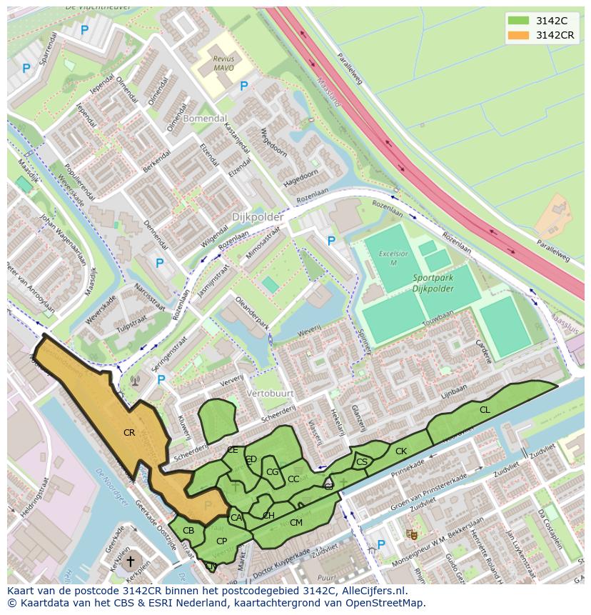 Afbeelding van het postcodegebied 3142 CR op de kaart.
