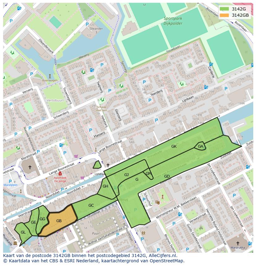 Afbeelding van het postcodegebied 3142 GB op de kaart.