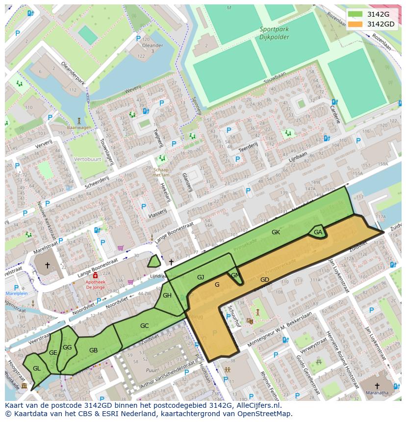 Afbeelding van het postcodegebied 3142 GD op de kaart.