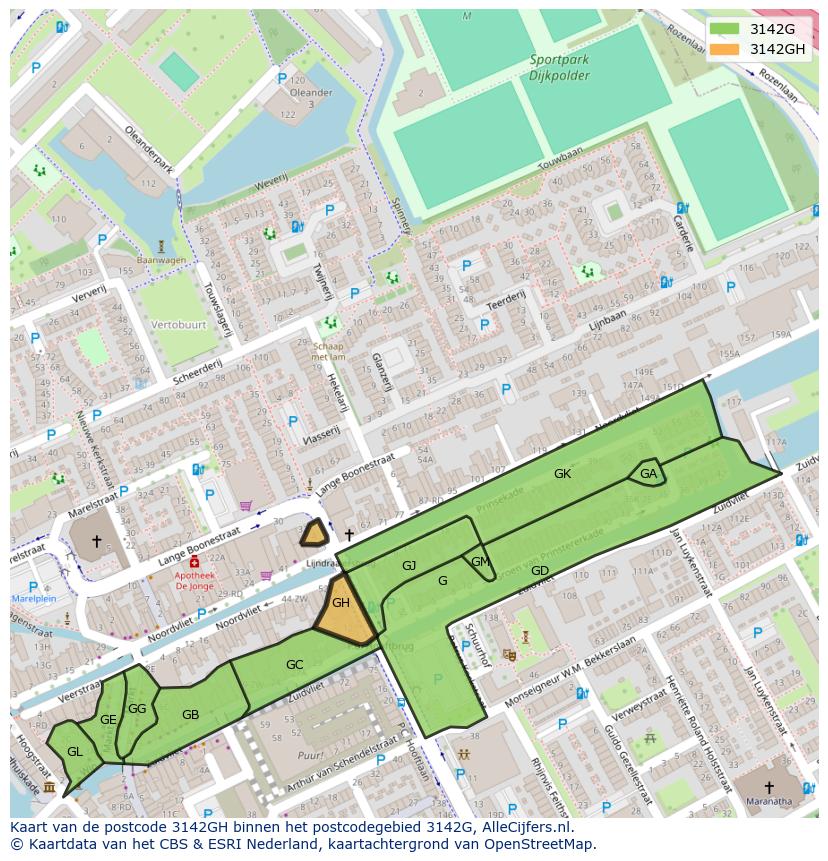 Afbeelding van het postcodegebied 3142 GH op de kaart.