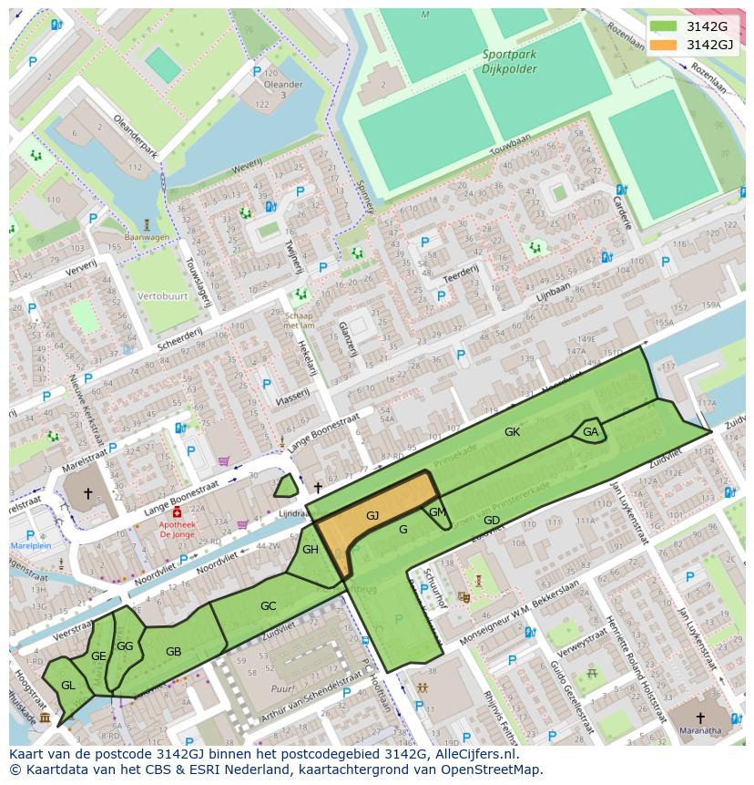 Afbeelding van het postcodegebied 3142 GJ op de kaart.