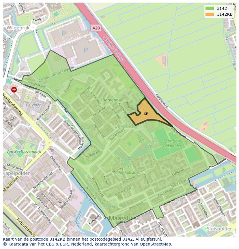 Afbeelding van het postcodegebied 3142 KB op de kaart.