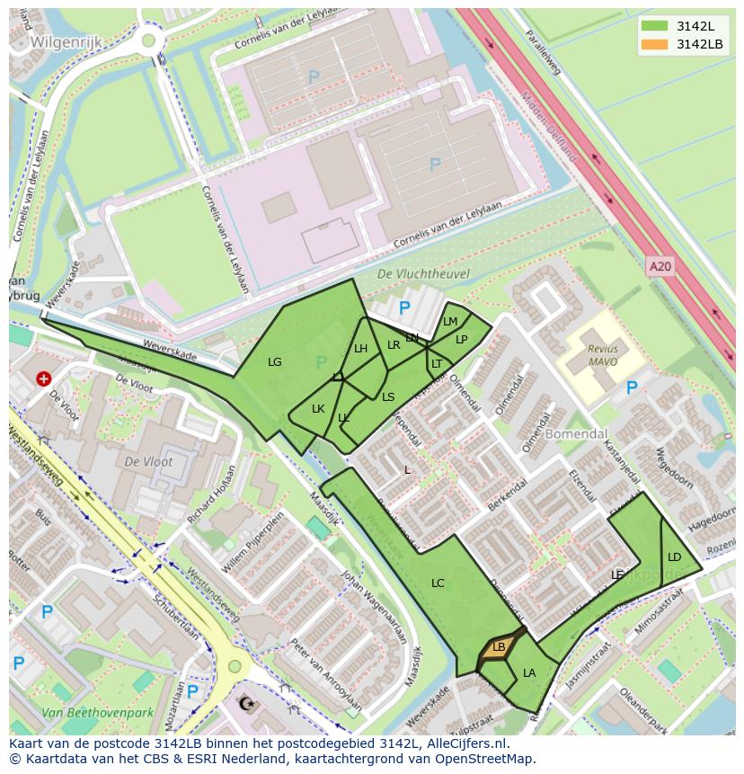 Afbeelding van het postcodegebied 3142 LB op de kaart.