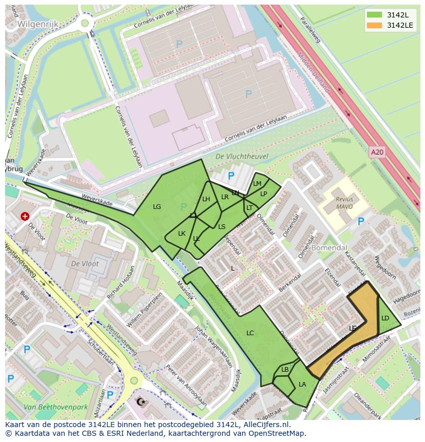 Afbeelding van het postcodegebied 3142 LE op de kaart.