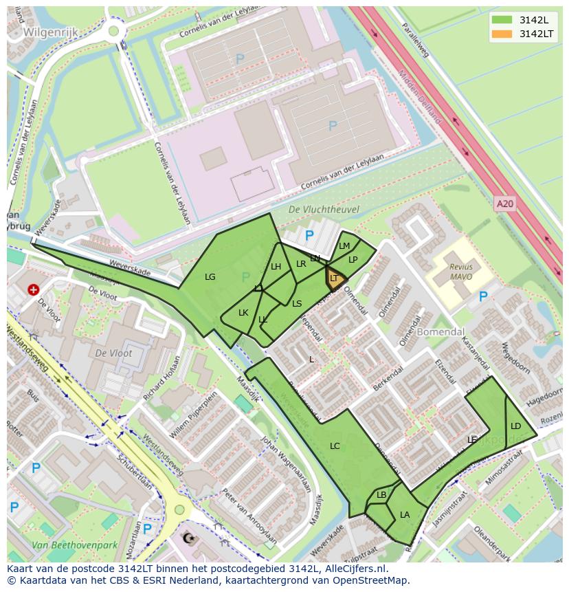 Afbeelding van het postcodegebied 3142 LT op de kaart.