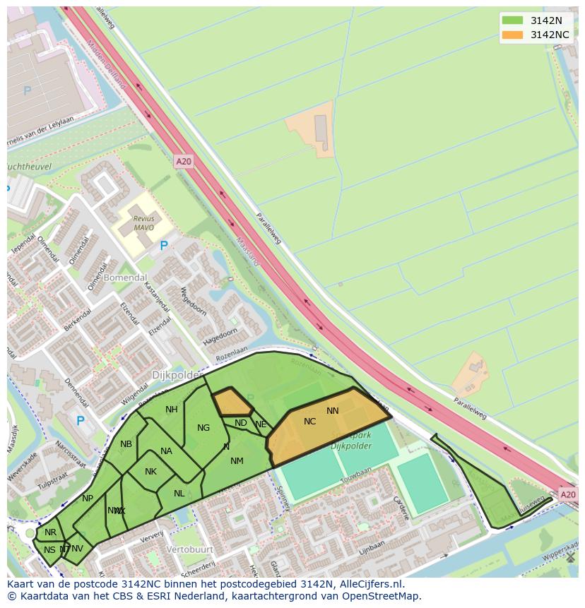 Afbeelding van het postcodegebied 3142 NC op de kaart.