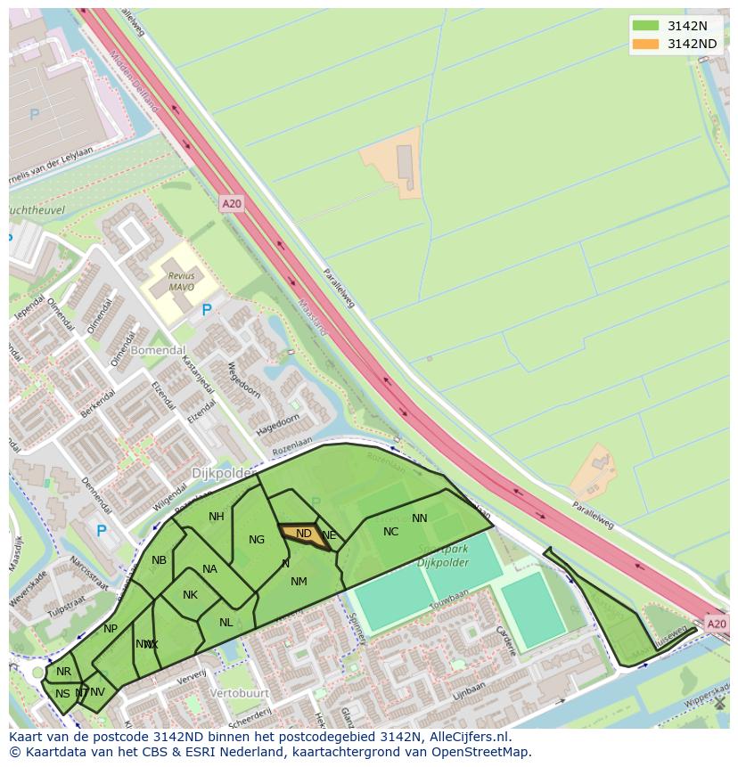 Afbeelding van het postcodegebied 3142 ND op de kaart.