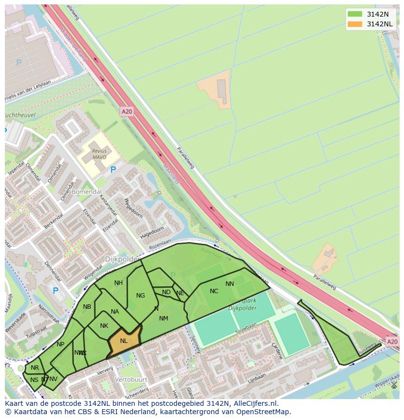 Afbeelding van het postcodegebied 3142 NL op de kaart.