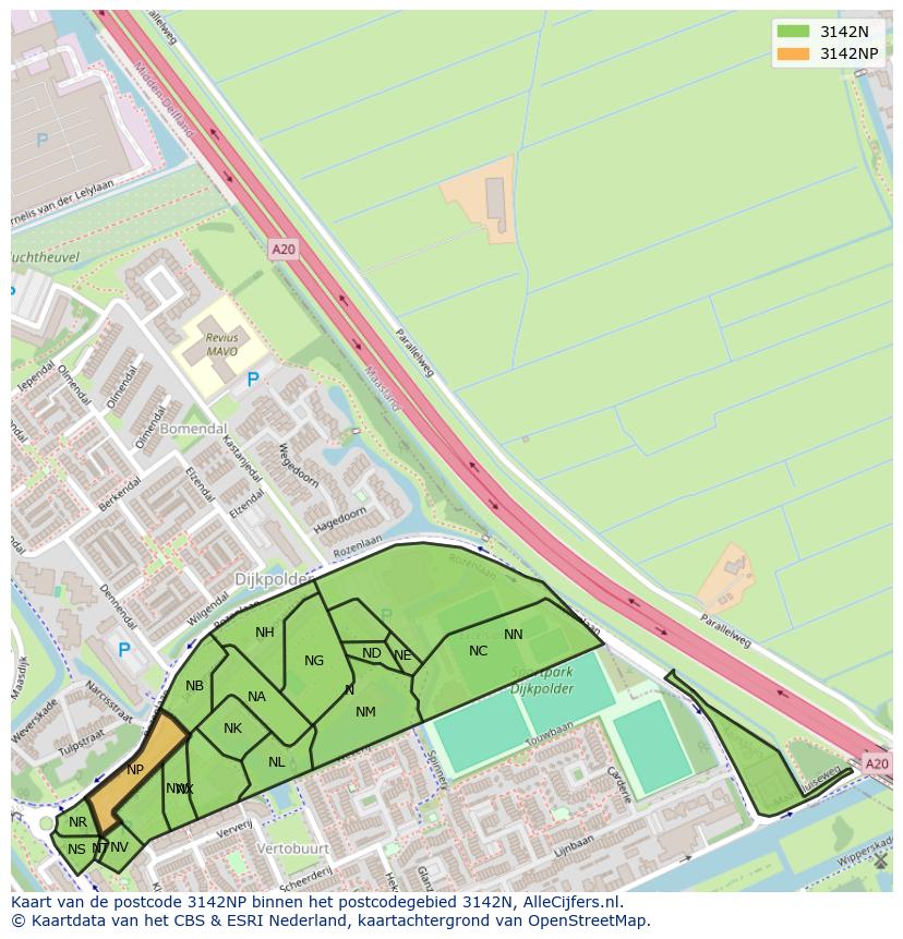 Afbeelding van het postcodegebied 3142 NP op de kaart.