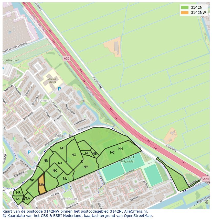 Afbeelding van het postcodegebied 3142 NW op de kaart.