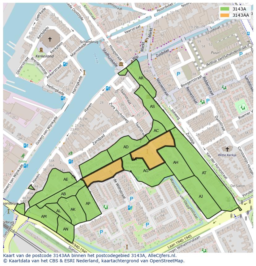 Afbeelding van het postcodegebied 3143 AA op de kaart.