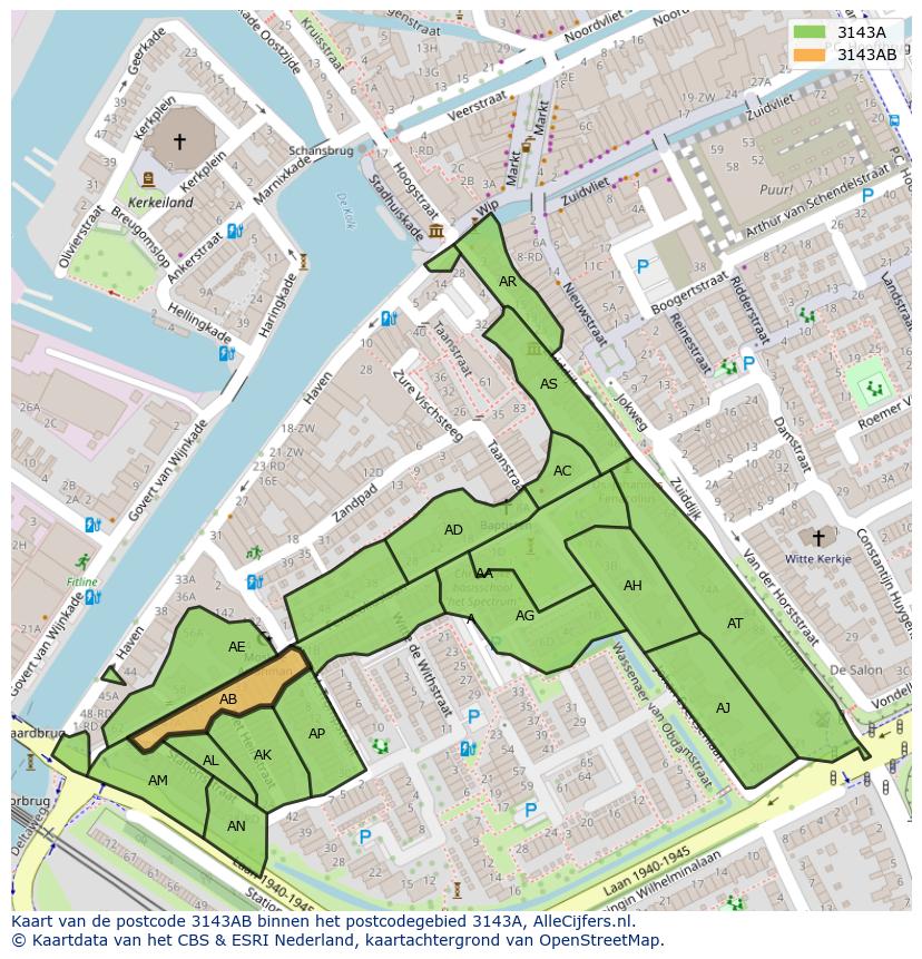 Afbeelding van het postcodegebied 3143 AB op de kaart.