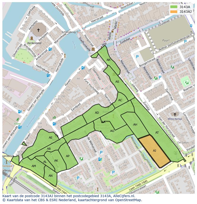 Afbeelding van het postcodegebied 3143 AJ op de kaart.