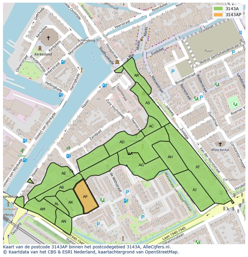 Afbeelding van het postcodegebied 3143 AP op de kaart.