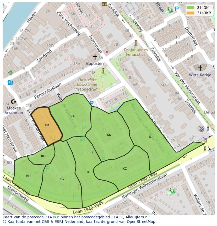 Afbeelding van het postcodegebied 3143 KB op de kaart.