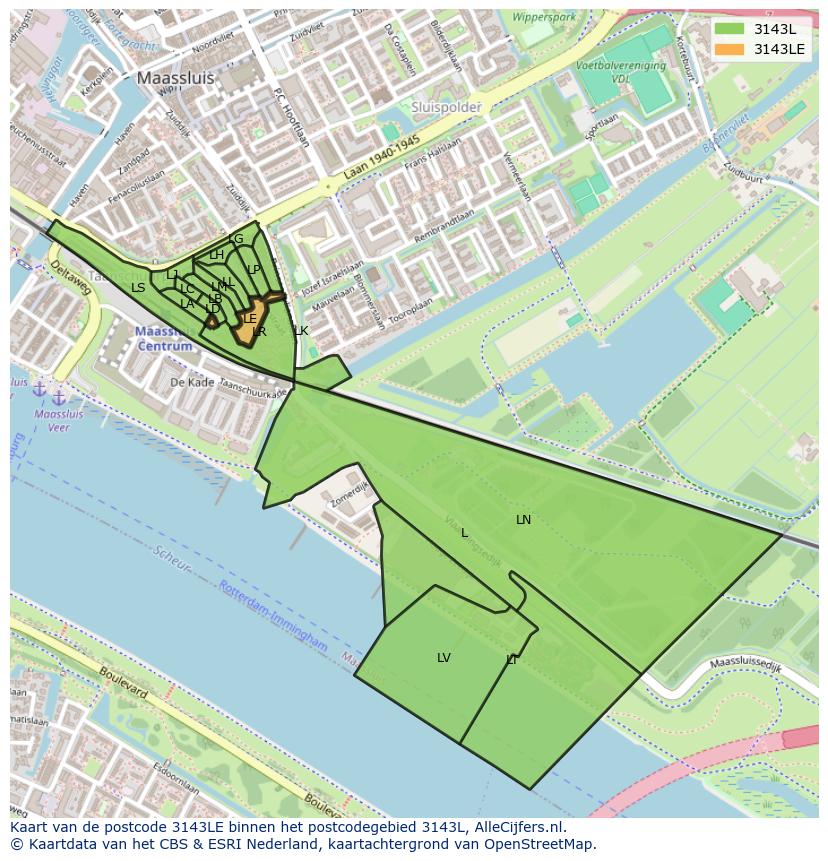 Afbeelding van het postcodegebied 3143 LE op de kaart.