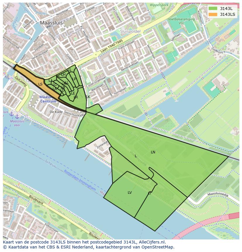 Afbeelding van het postcodegebied 3143 LS op de kaart.