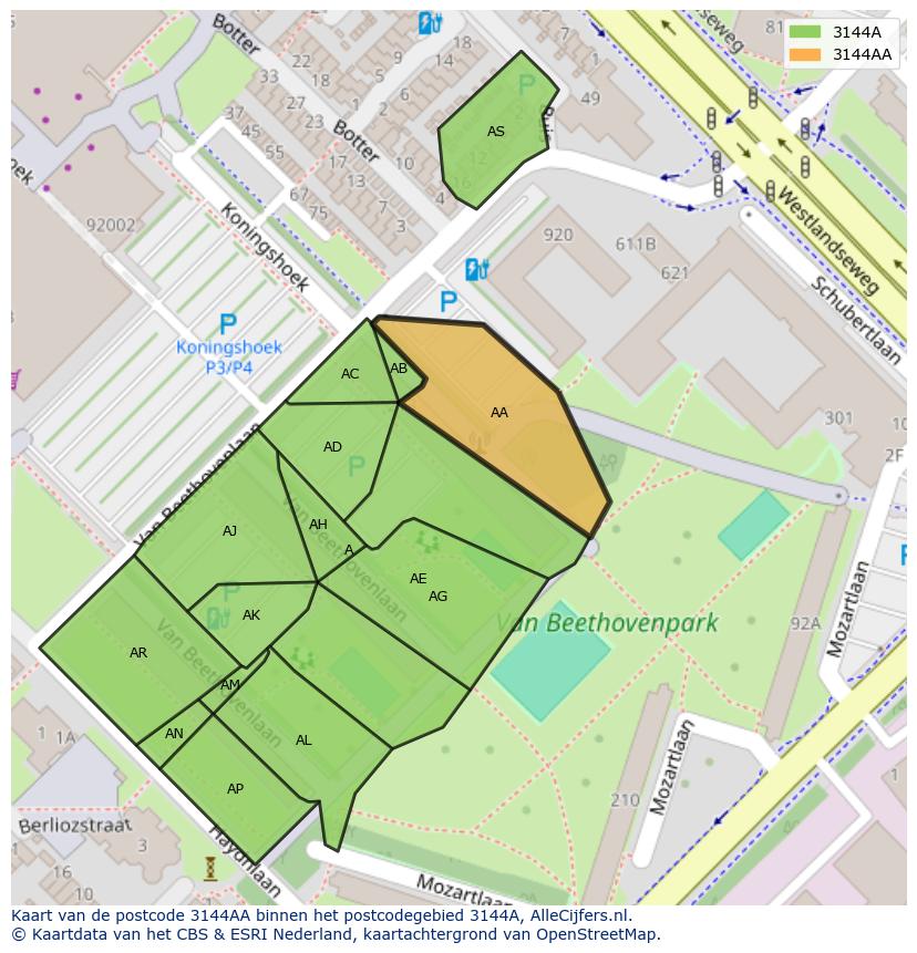 Afbeelding van het postcodegebied 3144 AA op de kaart.