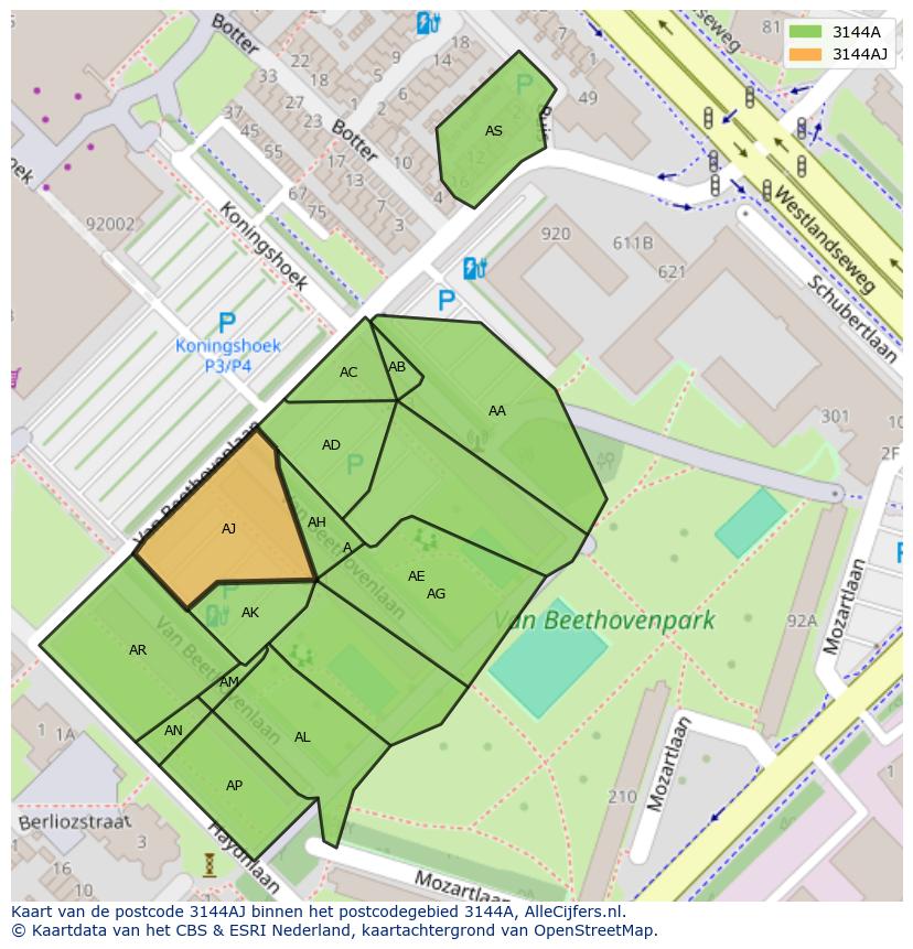 Afbeelding van het postcodegebied 3144 AJ op de kaart.