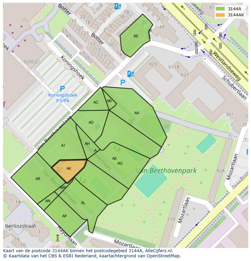 Afbeelding van het postcodegebied 3144 AK op de kaart.