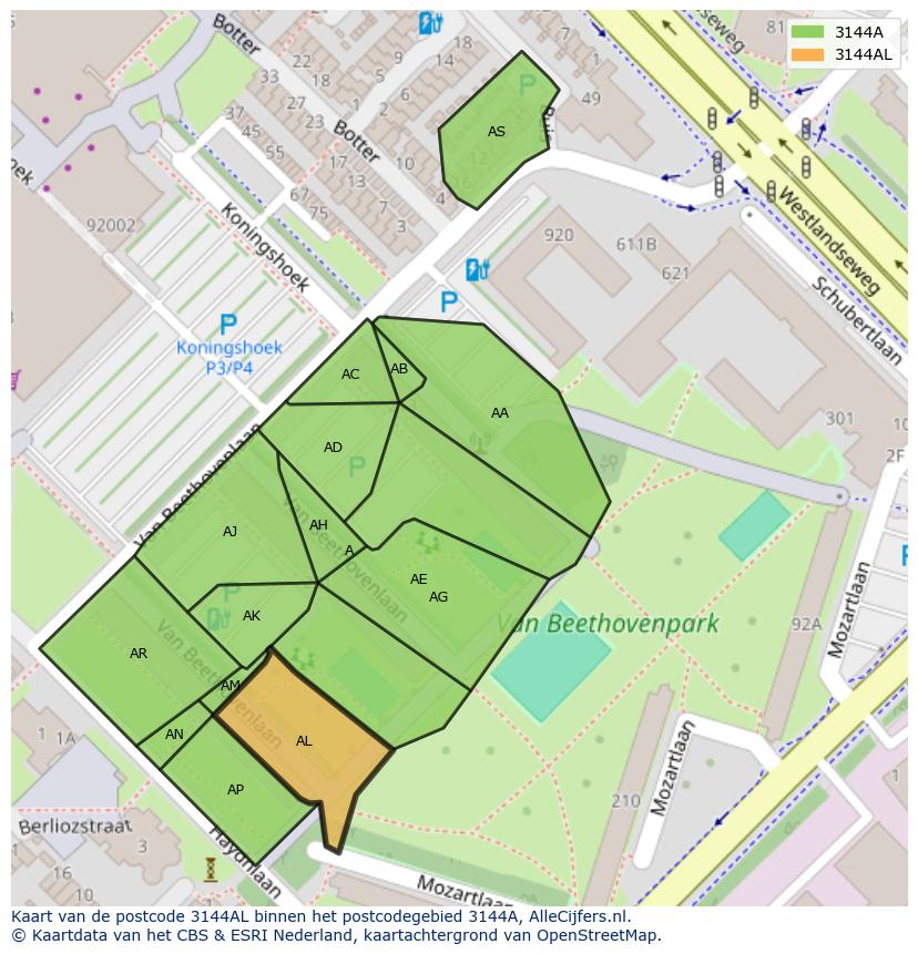 Afbeelding van het postcodegebied 3144 AL op de kaart.