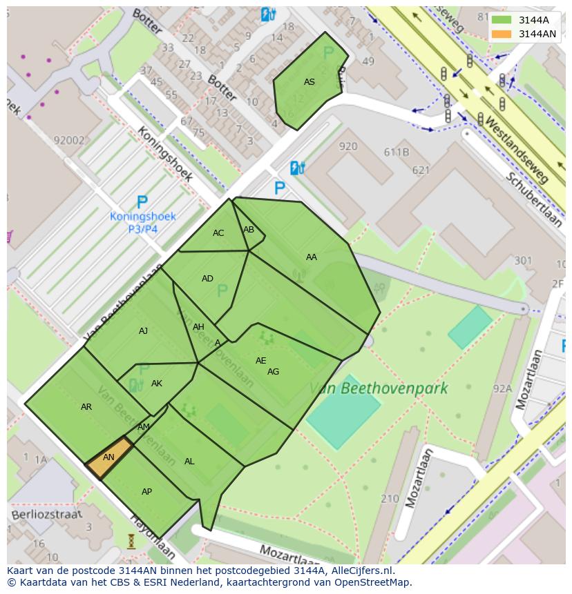 Afbeelding van het postcodegebied 3144 AN op de kaart.