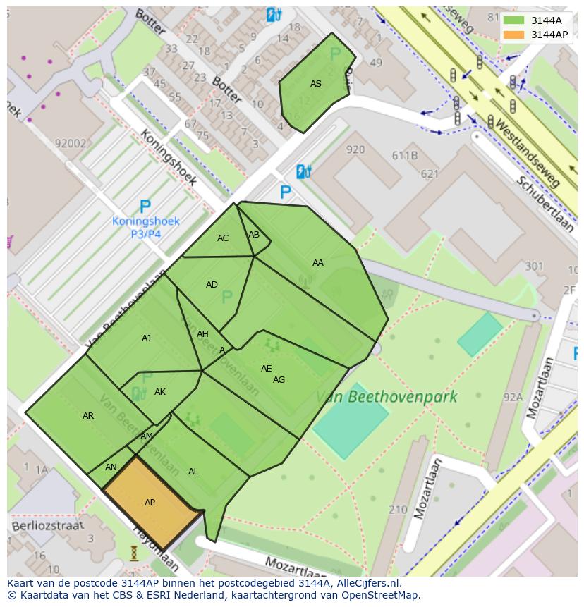 Afbeelding van het postcodegebied 3144 AP op de kaart.