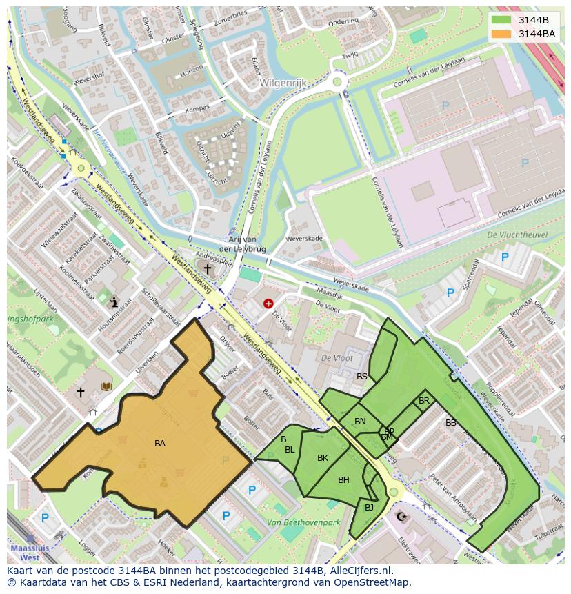 Afbeelding van het postcodegebied 3144 BA op de kaart.