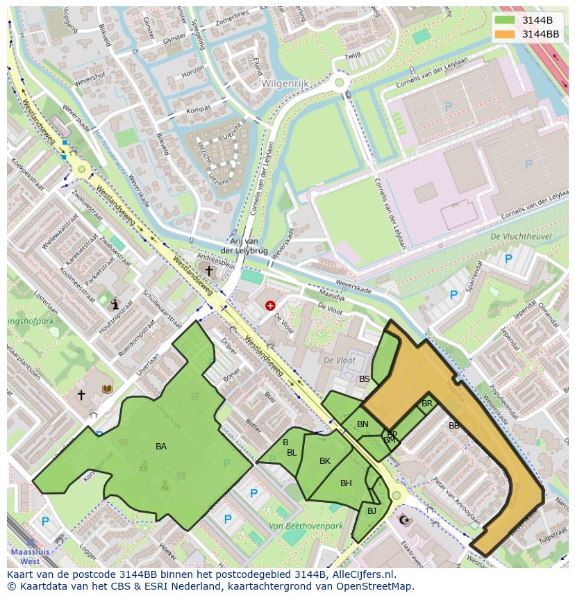 Afbeelding van het postcodegebied 3144 BB op de kaart.