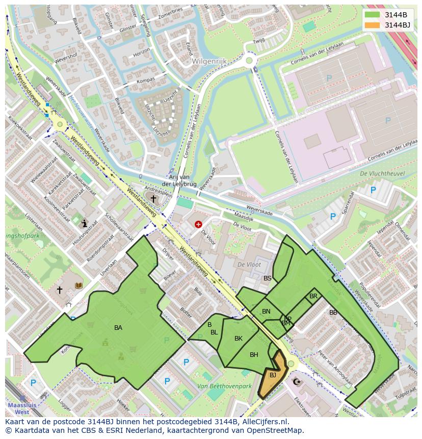 Afbeelding van het postcodegebied 3144 BJ op de kaart.