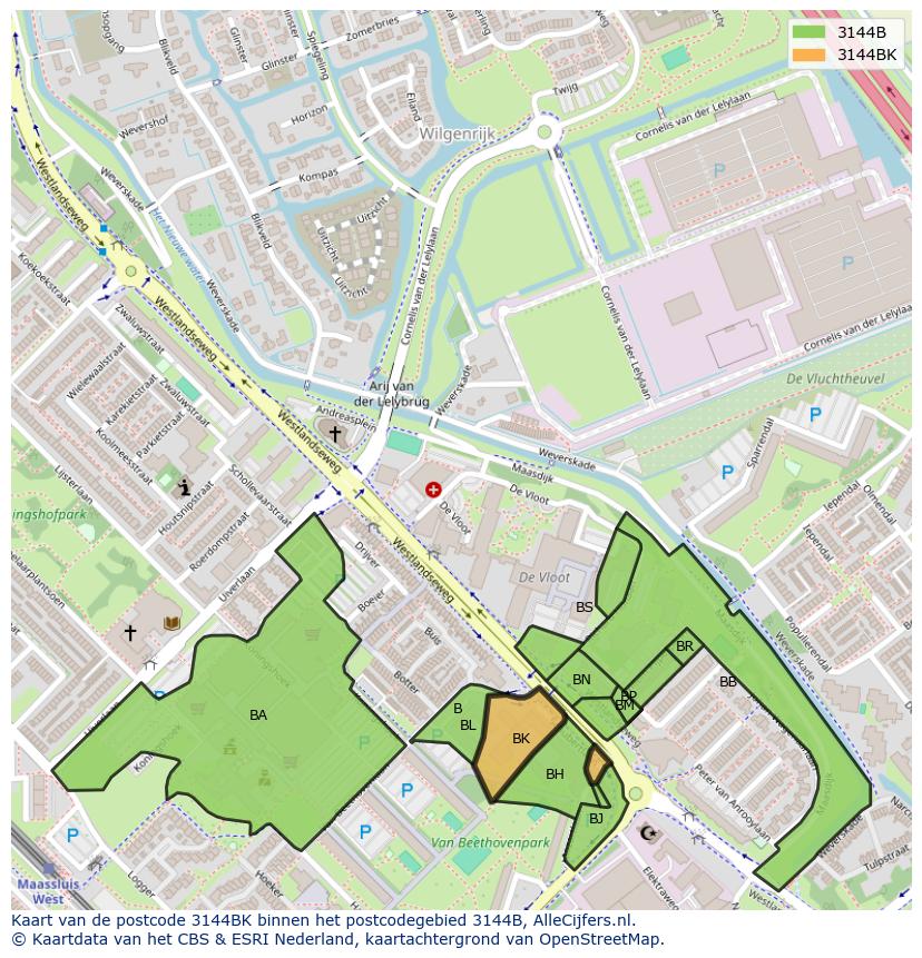Afbeelding van het postcodegebied 3144 BK op de kaart.