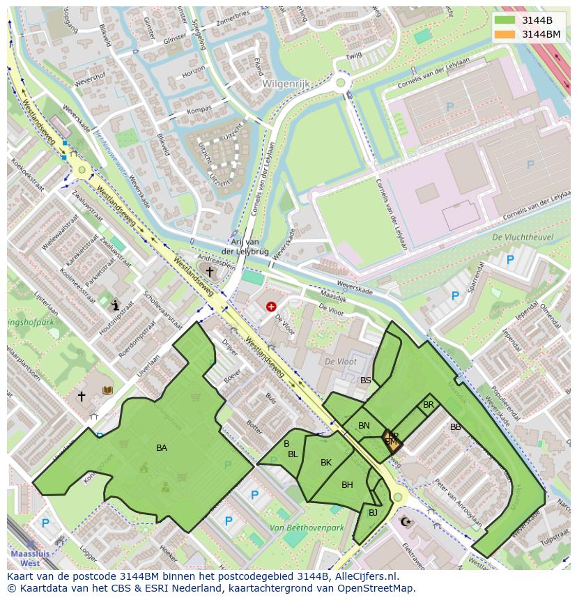 Afbeelding van het postcodegebied 3144 BM op de kaart.