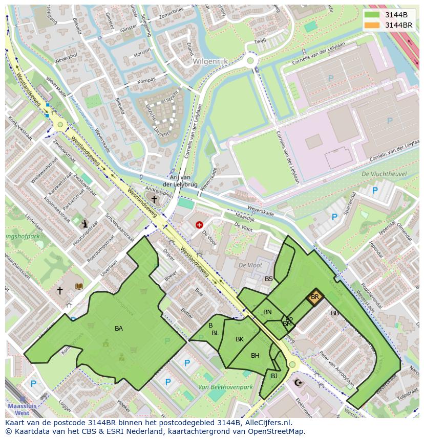 Afbeelding van het postcodegebied 3144 BR op de kaart.