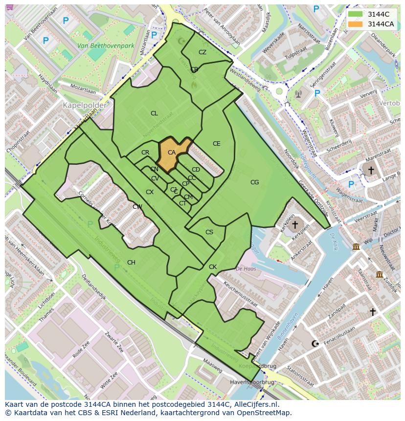 Afbeelding van het postcodegebied 3144 CA op de kaart.