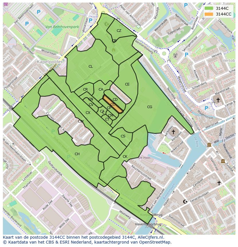 Afbeelding van het postcodegebied 3144 CC op de kaart.