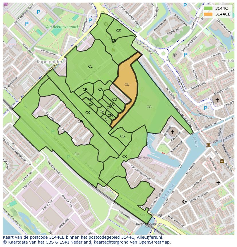 Afbeelding van het postcodegebied 3144 CE op de kaart.