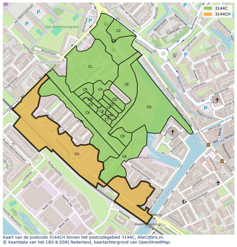 Afbeelding van het postcodegebied 3144 CH op de kaart.