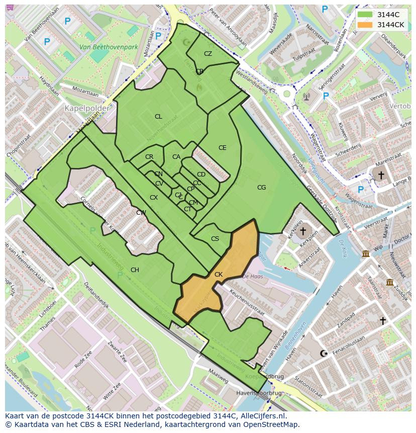 Afbeelding van het postcodegebied 3144 CK op de kaart.