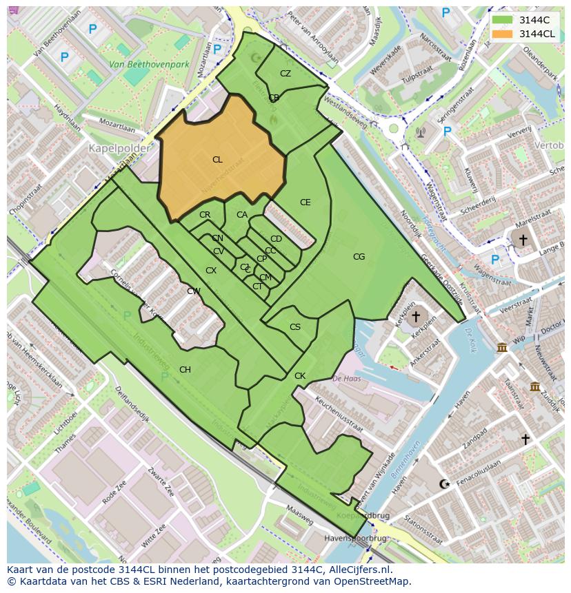 Afbeelding van het postcodegebied 3144 CL op de kaart.