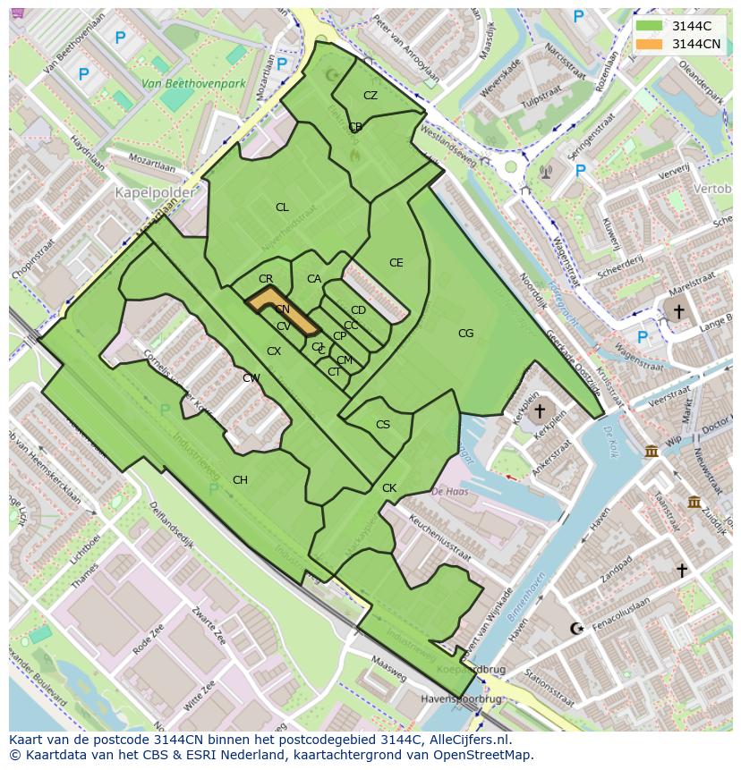 Afbeelding van het postcodegebied 3144 CN op de kaart.