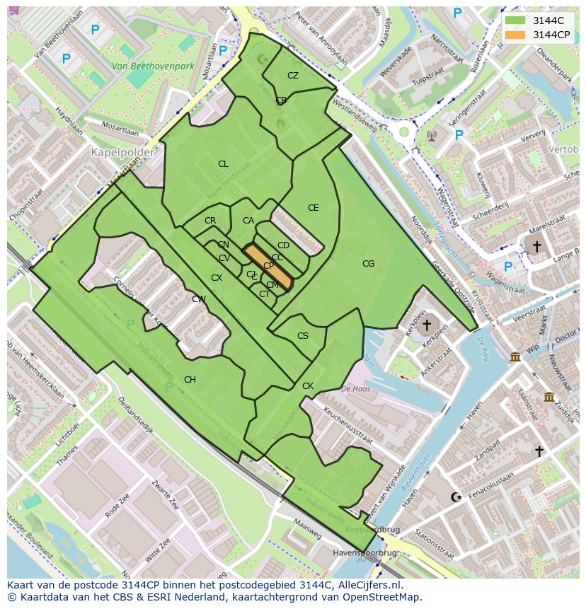 Afbeelding van het postcodegebied 3144 CP op de kaart.