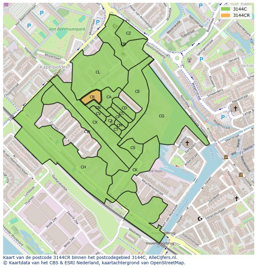 Afbeelding van het postcodegebied 3144 CR op de kaart.